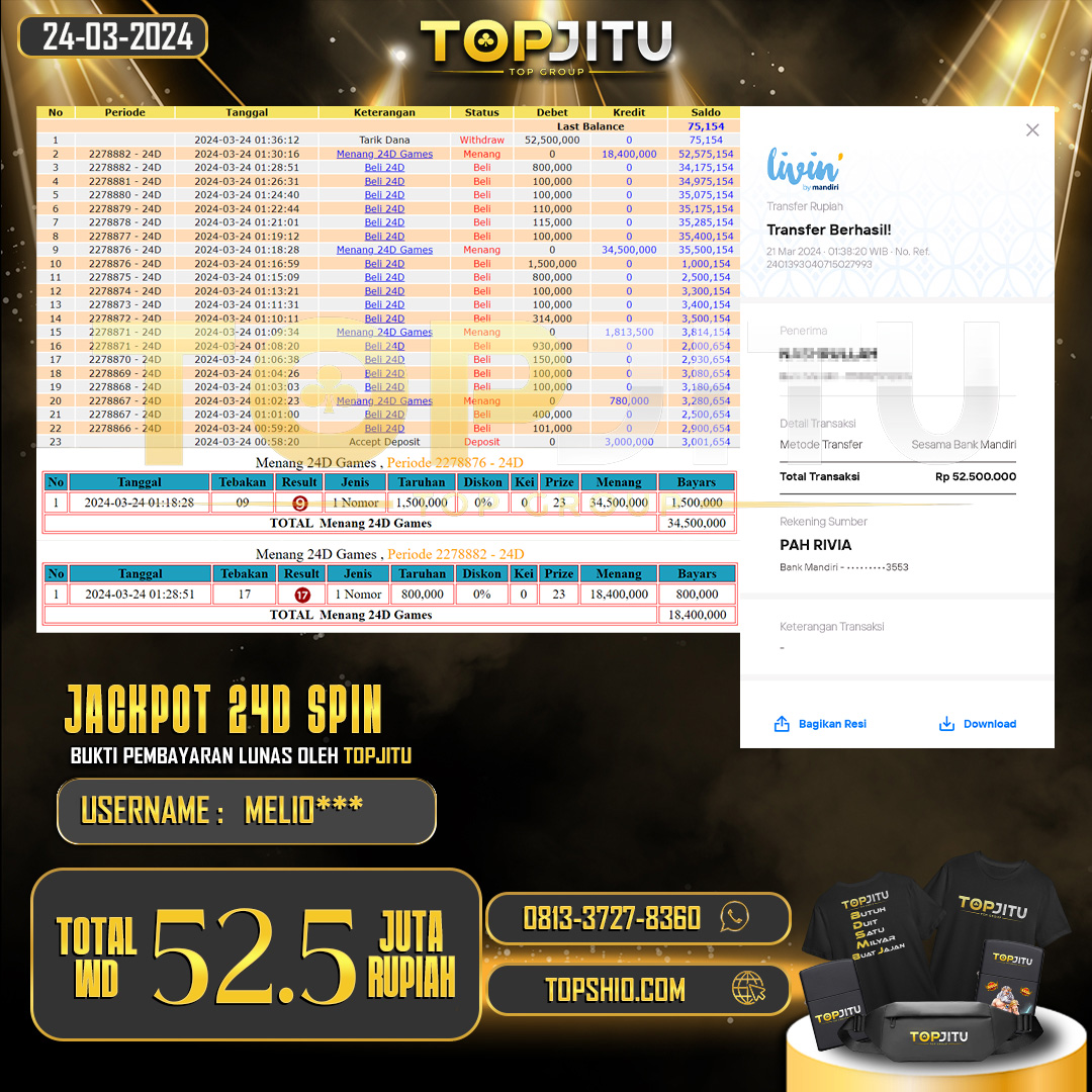 TOPJITU JACKPOT LIVE GAME 24D SPIN RP.52.500.000,-  LUNAS