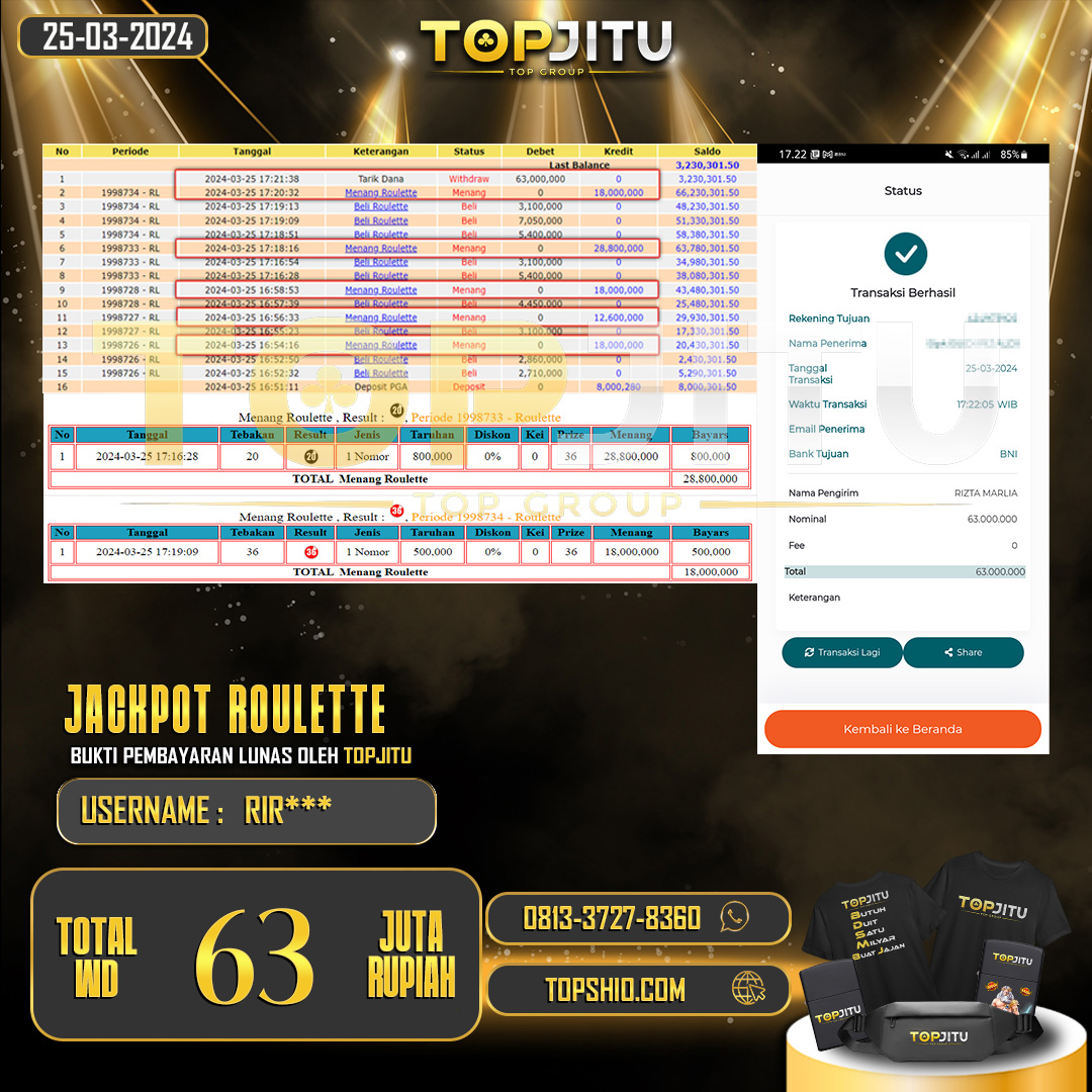 TOPJITU JACKPOT LIVE GAME ROULETTE RP.63.000.000,-  LUNAS